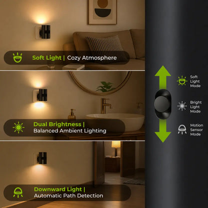Fortixy GlowSense™ Light Modern Motion Sensor Night Light, 1 Pack, Plug, Warm White, 3000K, Adjustable Brightness 0-100lm, Dimmable, Indoor for Hallway, Bedroom, Stairs