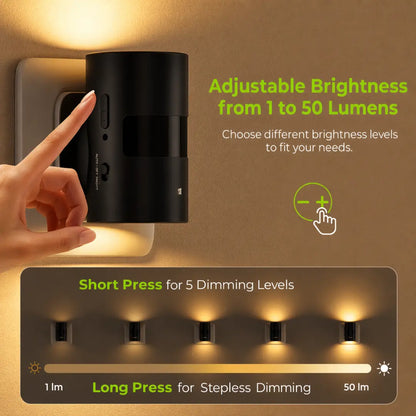 Fortixy GlowSense™ Light Modern Motion Sensor Night Light, 1 Pack, Plug, Warm White, 3000K, Adjustable Brightness 0-100lm, Dimmable, Indoor for Hallway, Bedroom, Stairs