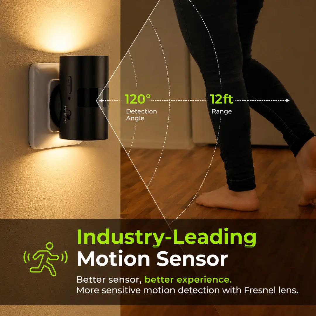 Fortixy GlowSense™ Light Modern Motion Sensor Night Light, 1 Pack, Plug, Warm White, 3000K, Adjustable Brightness 0-100lm, Dimmable, Indoor for Hallway, Bedroom, Stairs
