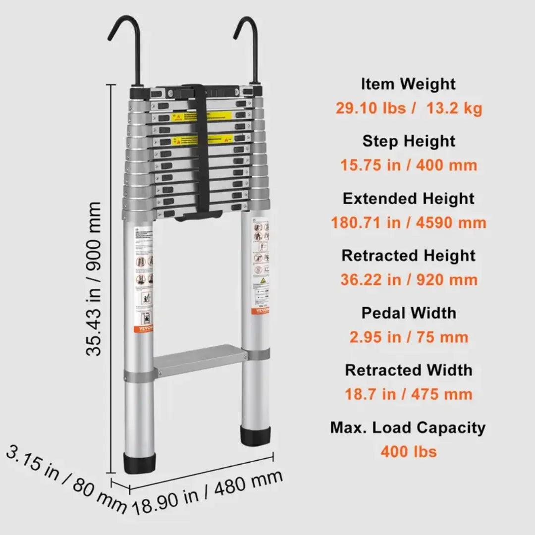 Fortixy 13FT Telescoping Ladder, Heavy Duty Aluminum Extension Ladder, Compact Foldable Multi-Purpose Ladder for Home, Roof, RV & Outdoor Use